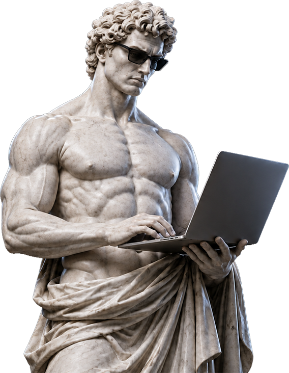 Marble statue wearing sunglasses and working on a laptop